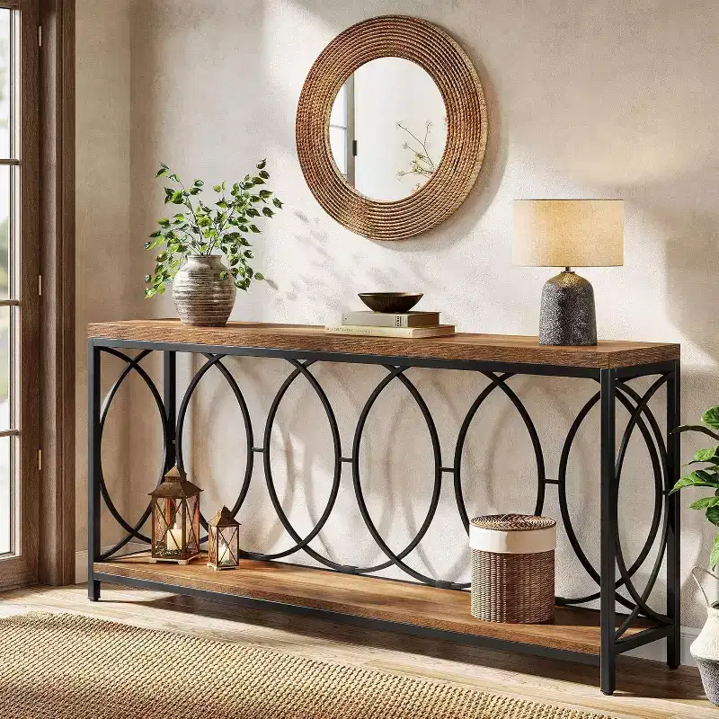 Lantine 70.9-inch extra long industrial console table with 2 tiers and storage shelf, suitable for living room, entryway, hallway, in rustic brown.