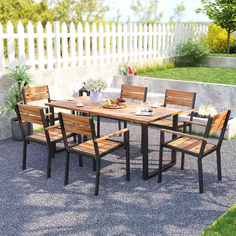 Costway 7 PCS Acacia Wood Patio Dining Set 6 Armchairs and 69 Table with 2 Umbrella Hole