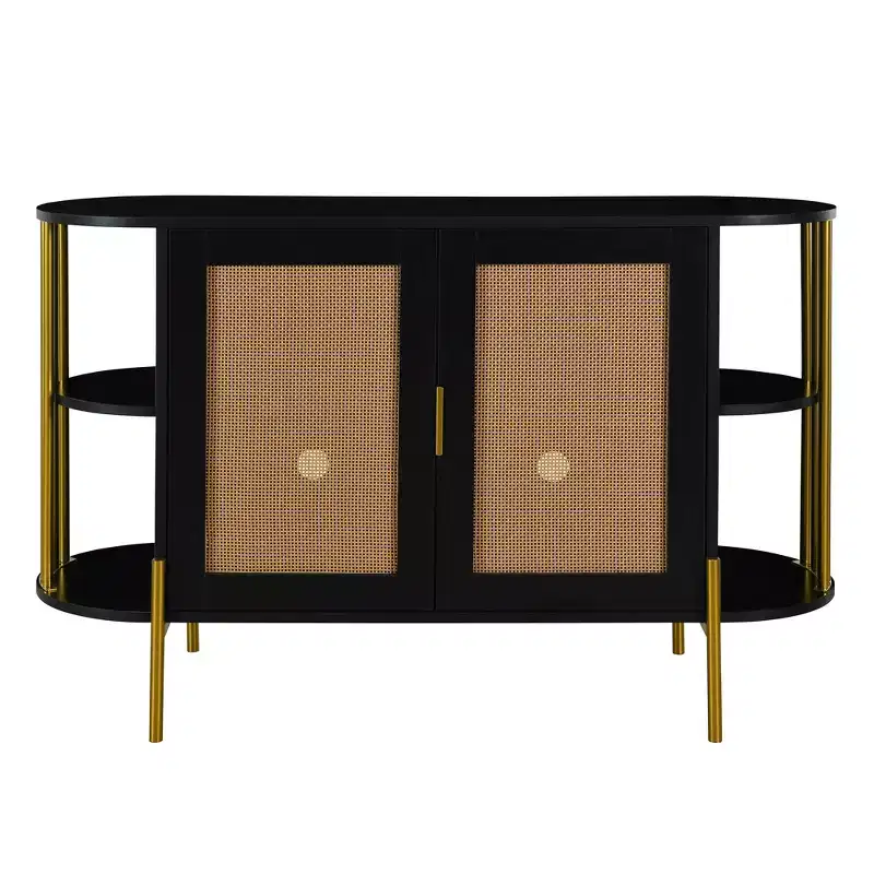 2-Door Curved Sideboard with Gold Trim & Woven Rattan Doors, Black
