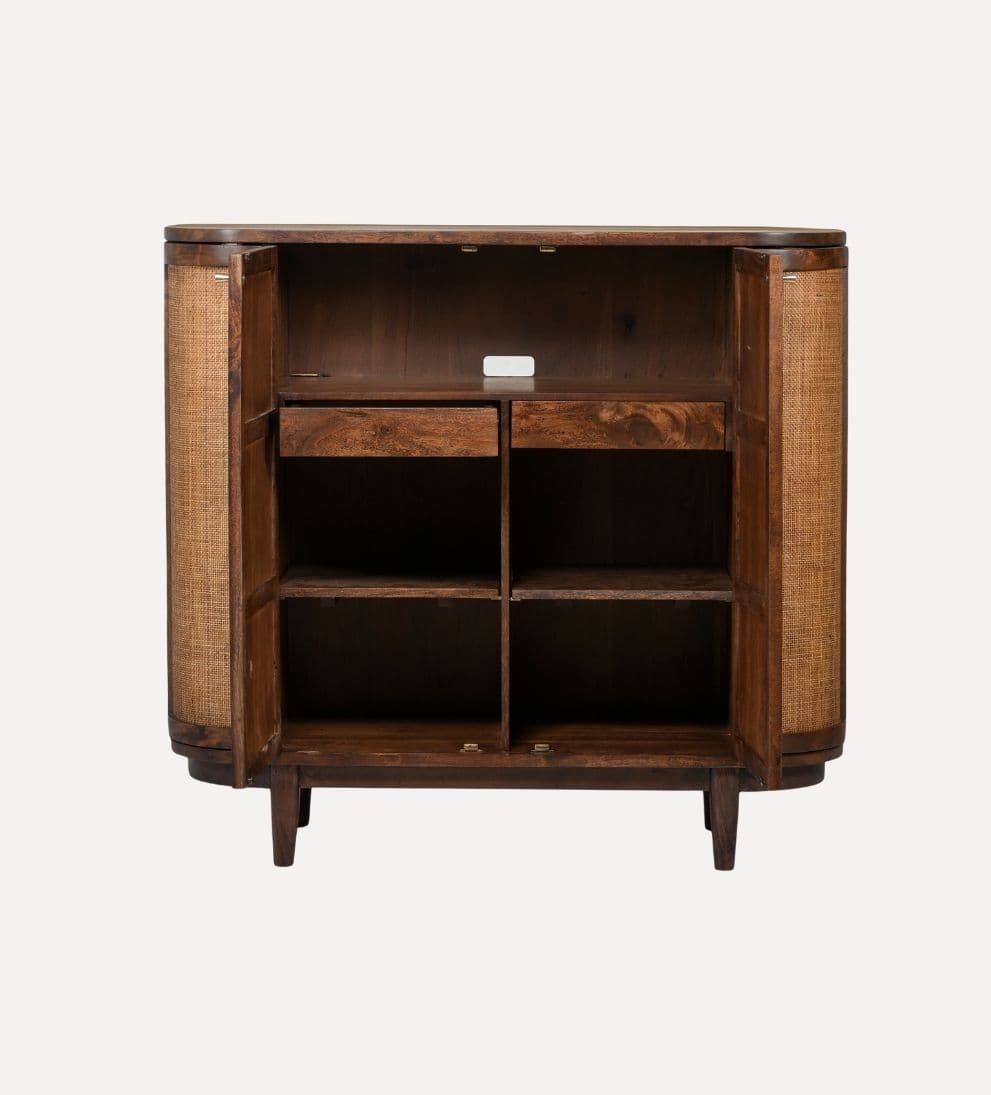 Entryway Cabinet ¨C Curved Cane-Detailed Storage Cabinet with Warm Acacia Wood, Rounded Silhouette, Inviting Robust Design for Entryway or Living Space, 52W x 20D x 48H