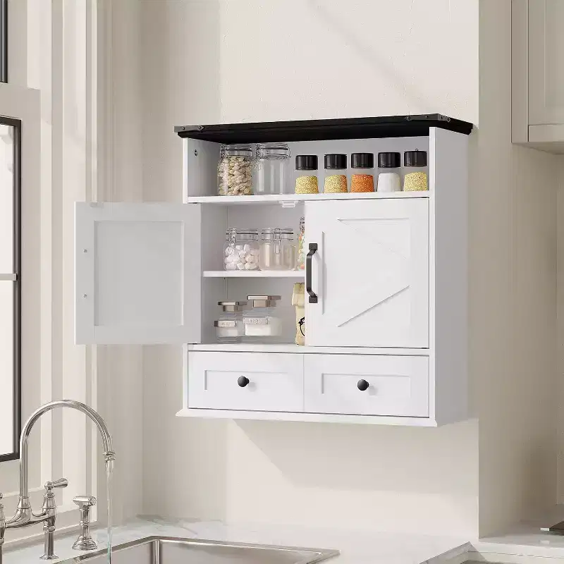 25x23.6 Inch Farmhouse Wall Mount Medicine Cabinet with Barn Door & Adjustable Shelves - White Storage for Bathroom Kitchen