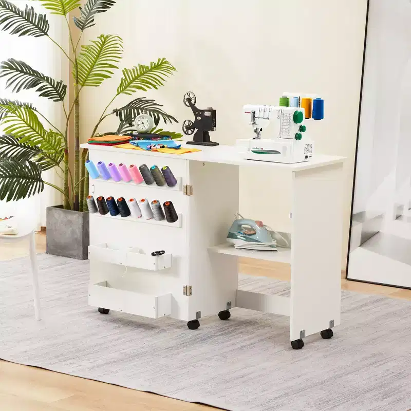 Foldable Sewing Table with Storage Shelf, 16 Spool Holders, Magnetic Door & Caster Wheels