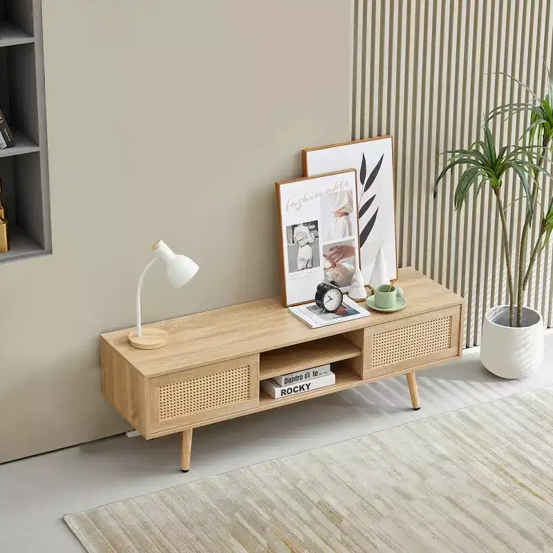 JVNOXK 35.5-inch rattan TV stand with double sliding doors for easy storage and adjustable shelves, natural color
