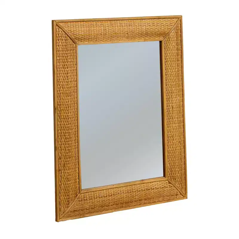 Storied Home Rectangle Wood Framed Wall Mirror with Rattan Detail, Brown