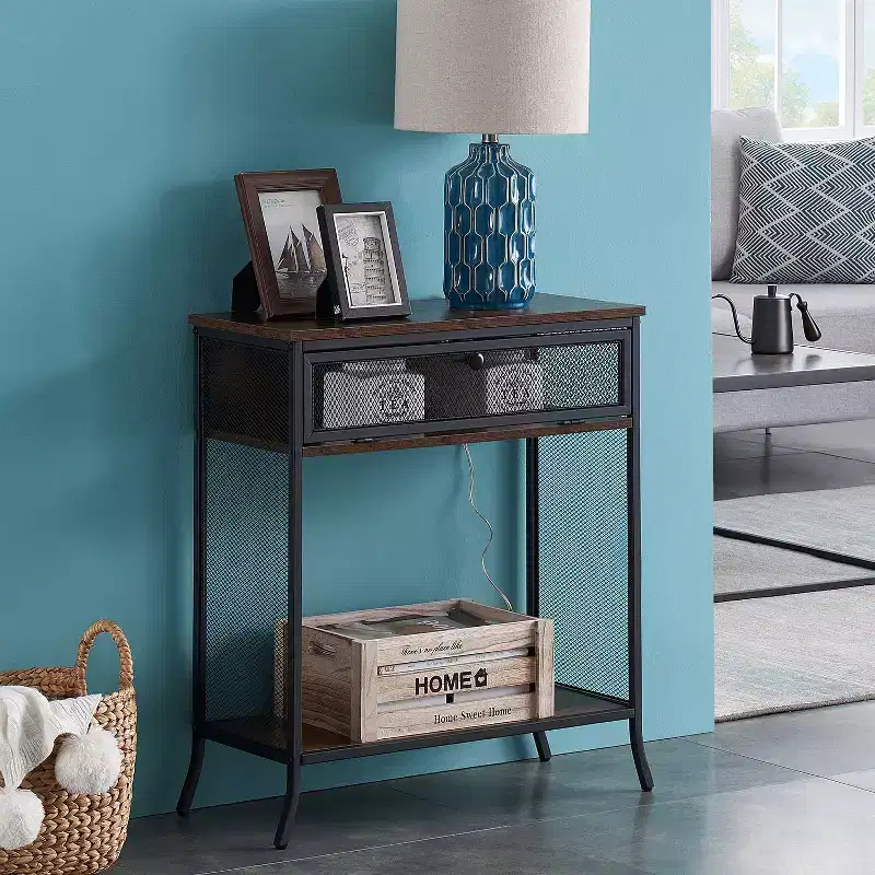 VECELO Industrial Console Table With Drawer & Open Shelves, Rustic Wood & Metal Mesh Entryway Table, Storage Side Table for Living Room or Hallway