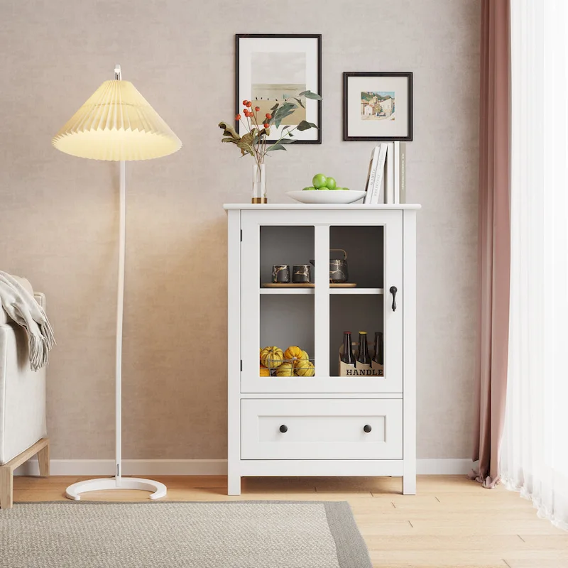 Buffet storage cabinet with glass doors and unique bell handle