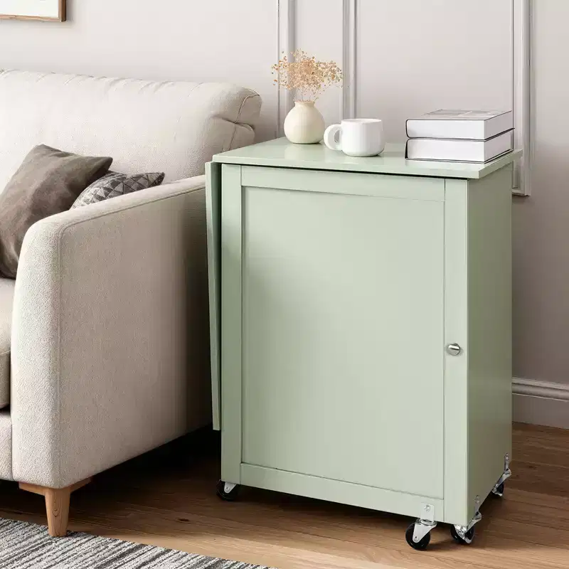 Folding Sewing Table, Multipurpose Sewing Machine Table with Compact Design, Wheels, Wooden Pegs, Storage Trays and Shelf, Light Green