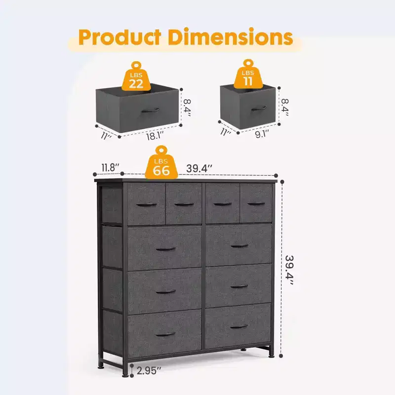JIONJOY 10-Drawer Storage Cabinet - Easy Assembly Organizer for Bedroom, with Qnti-Toppling Design and Adjustable Feet,Gray