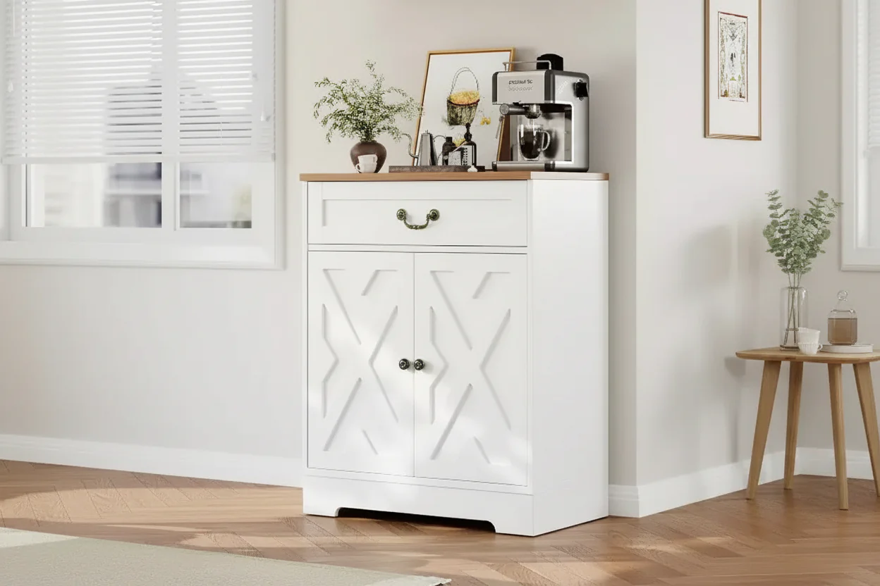 Kitchen Storage Cabinet,Farmhouse Sideboard Buffet Cabinet with Drawer & Adjustable Shelves, Dining Room Coffee Bar Organizer, White