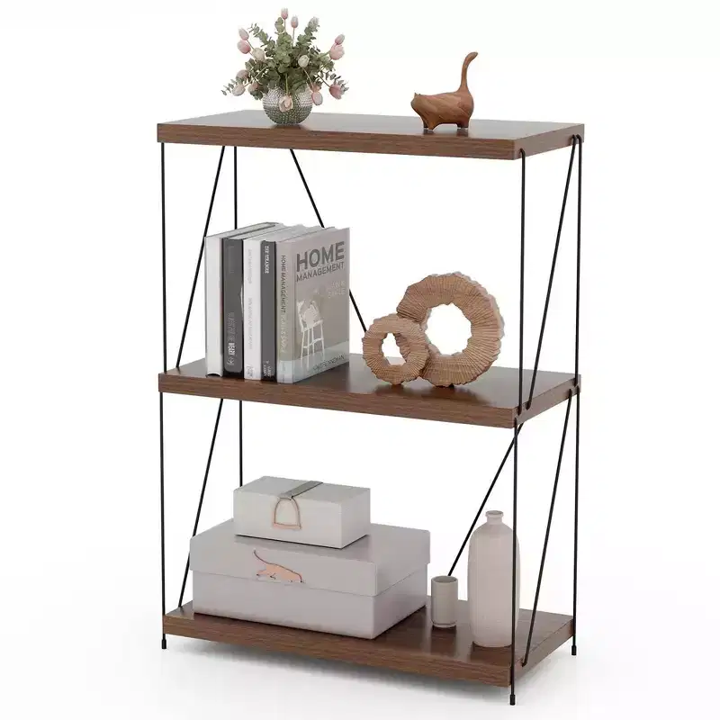 1/2 PCS 3-Tier Multipurpose Display Rack Freestanding Bookcase with Metal Frame Walnut