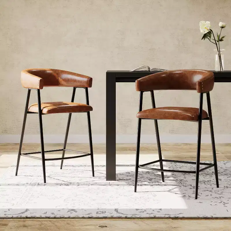 26-inch faux leather bar stool with metal frame, footrest, brown