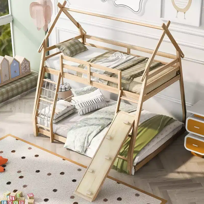 Whisen Twin over Queen Bunk Bed with Safe Guardrails & Playful Climbing Ramp