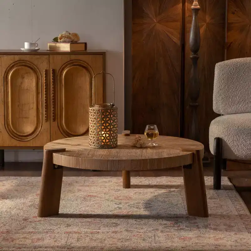Rustic Round Wood Coffee Table, Natural Center Table Accent Table - ModernLuxe