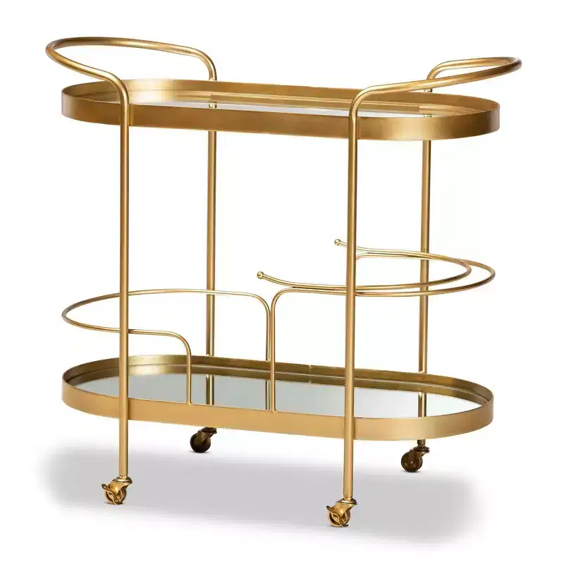 Kamal Glam Brushed Metal and Mirrored Glass 2 Tier Mobile Wine Bar Cart Gold - Baxton Studio: Elegant Serving Trolley with Wheels