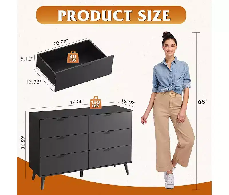 GALAXHERO 6 Drawer Wood Dresser, 47.24 Wide Storage Organizer with Metal Handles, TV Stand for 55 TV, Bedroom, Living Room, Hallway, Closet
