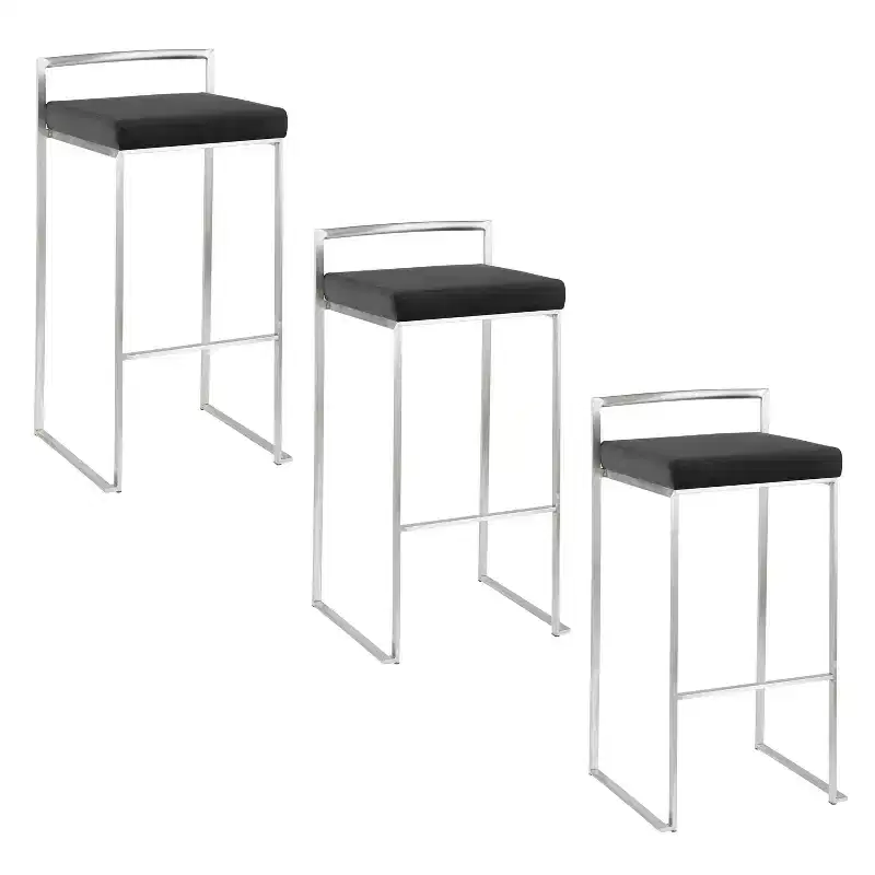 LumiSource Set of 3 Fuji Stacker Barstools Stainless Steel/Black PU