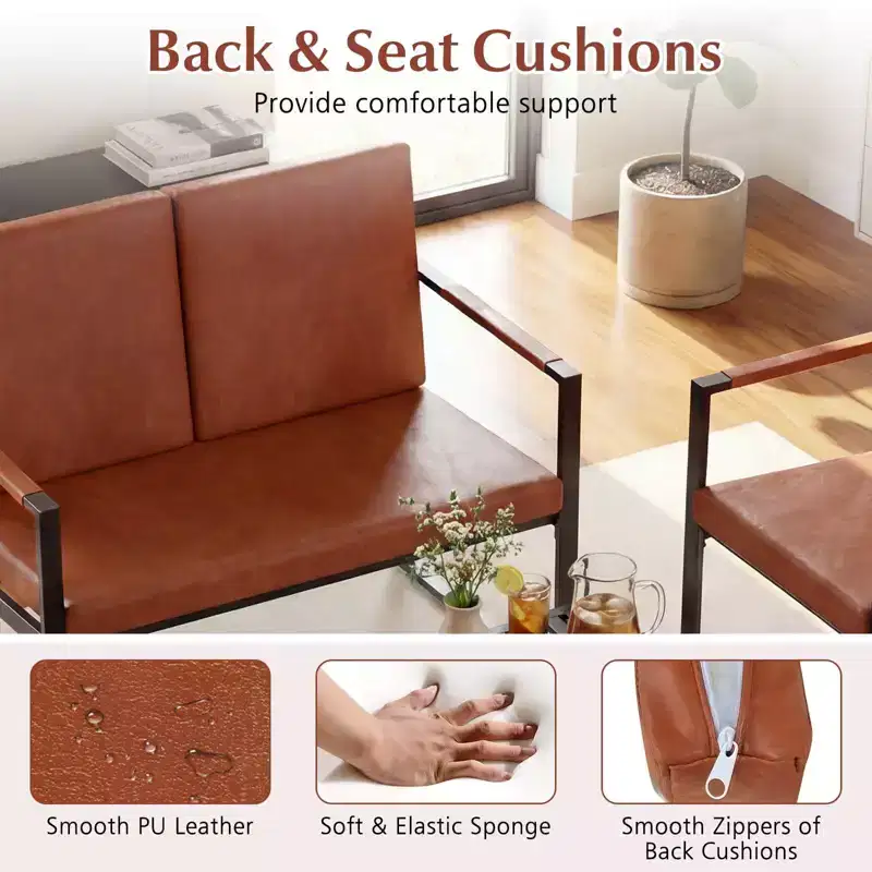 Modern 2-Seater Loveseat Sofa with Solid Metal Frame & Removable Back Cushions, Brown/Gray + Black