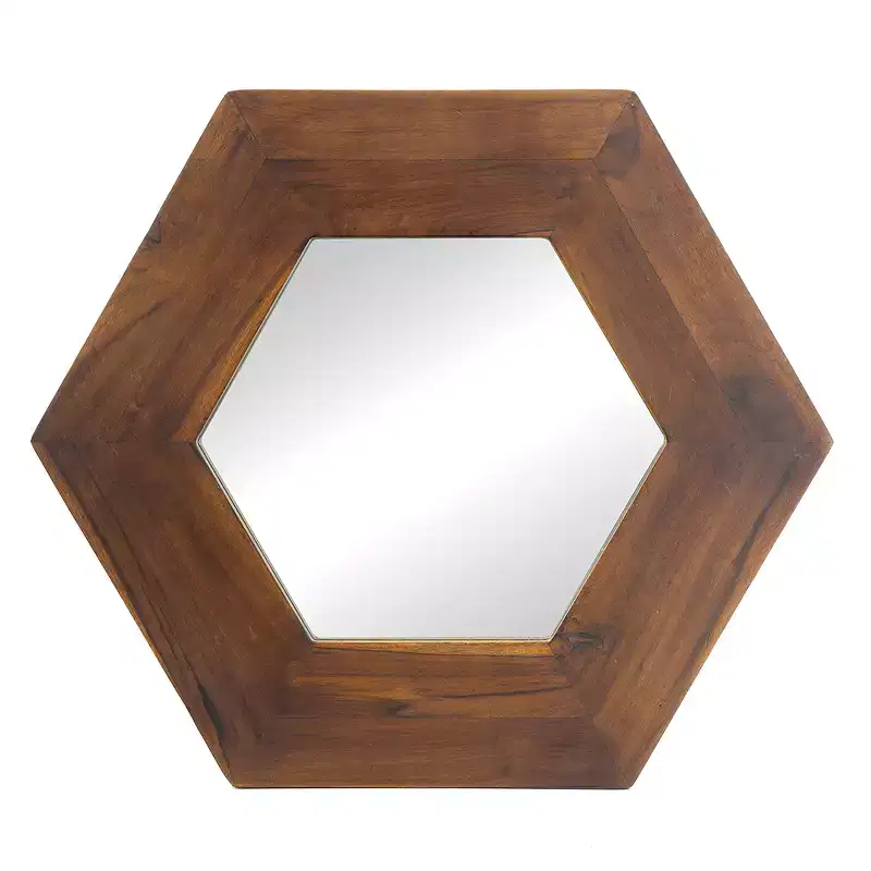 18.5x18.5 in Hexagon Wall Mirror – Solid Teak Wood Frame, Dark Brown