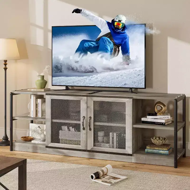 Farmhouse TV Stand for 75/80 inches TVs, Entertainment Center with Storage Cabinet and Mesh Doors, Industrial Media Console Cabinet Table