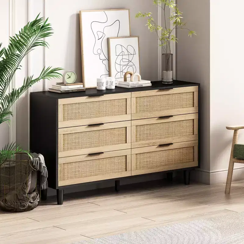 JVNOXK 51.18-inch 6-Drawer Modern Natural Rattan Storage Cabinet with Smooth-Gliding Rails, Suitable for Bedrooms and Living Rooms, Black