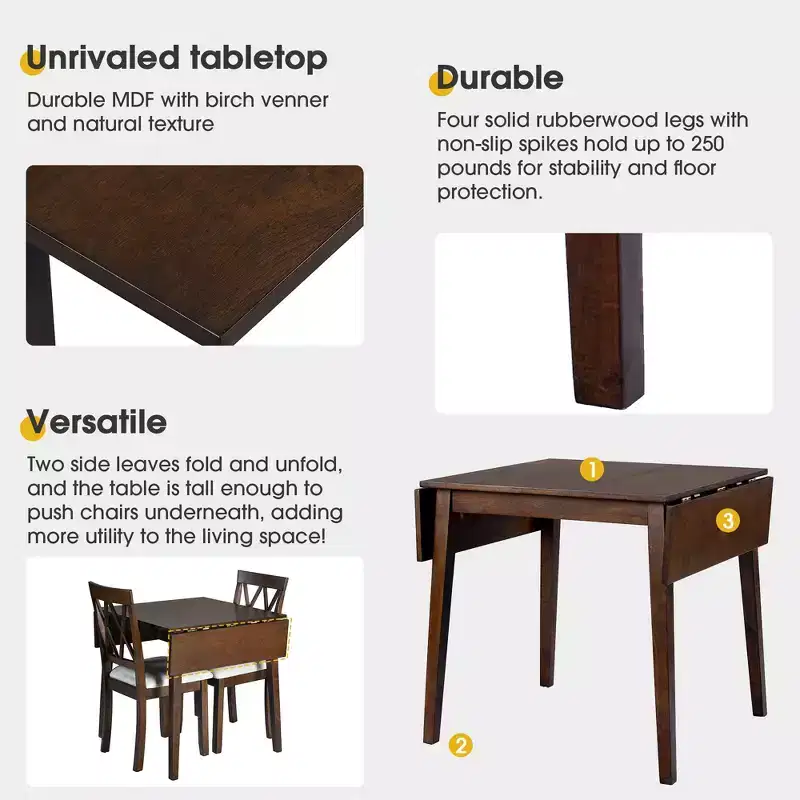 GDF Studio Avery 3 Piece Dining Set with Drop Leaf Dining Table and 2 Dining Upholstered Chairs