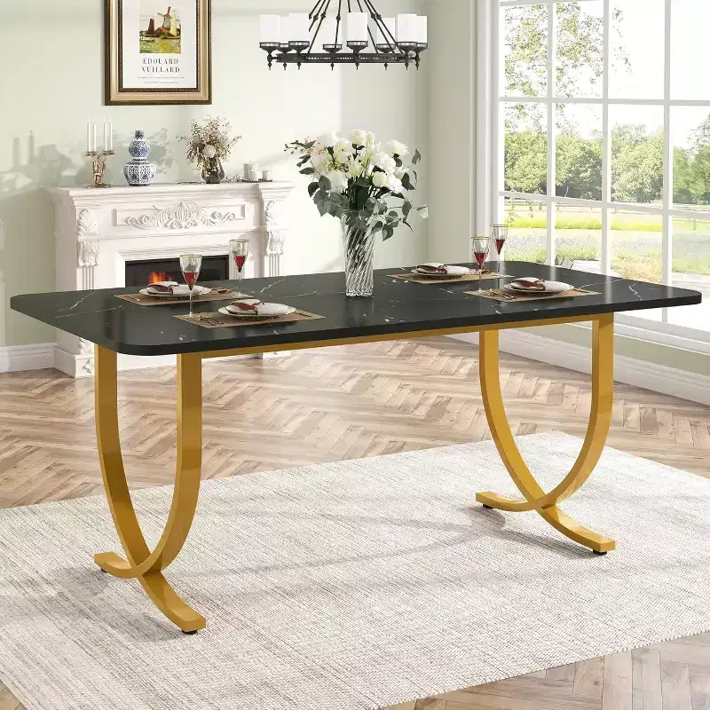 Lantine Rectangular Dining Table for 4, 63 Inches Modern Kitchen Table with Faux Marble Table Top and Metal Legs