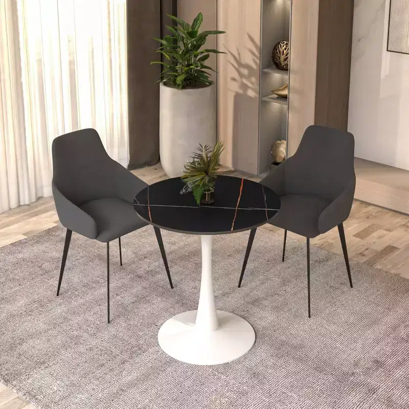LeisureMod Bristol 27 Round Dining Table - Sintered Stone Top Accent Cafe Table & Sturdy Steel White Pedestal Base for Kitchen and Small Spaces