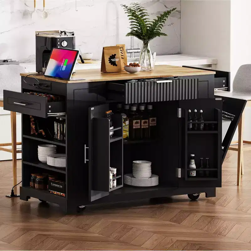 Black / Gray Blue / White Fluted Rolling Kitchen Island with Trash Can Cabinet, Power Outlet & Shelves