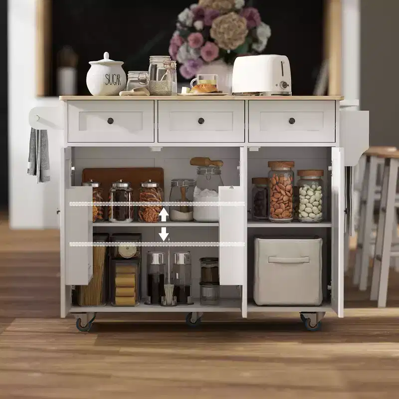 Rolling Kitchen Island with Charging Station, Drop Leaf & 3 Drawers