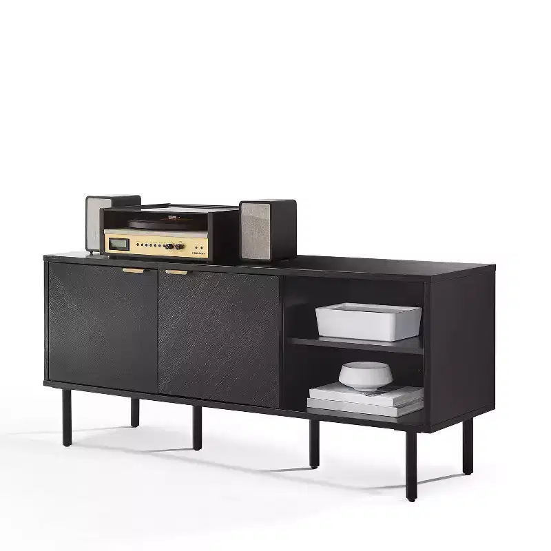 Crosley 54" Brody Record Storage Sideboard Black: Oak Wood Grain, Brass Handles, Cable Management