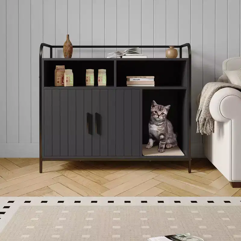 37.5-inch Modern Wooden Litter Box with Storage Shelf, Multi-functional Furniture-style Design with Ventilation Holes, Suitable for Most Litter Boxes