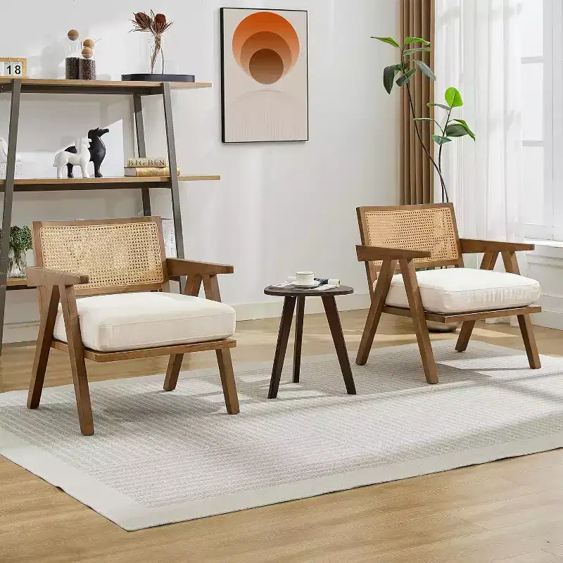 GustoWave 2-Piece Modern Lounge Chair Set with Wooden Legs, Rattan Backrest and Padded Seats