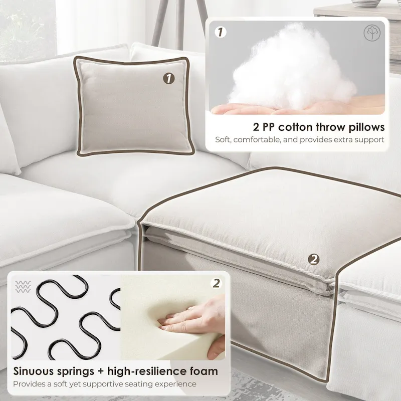 L Shaped Modular Sectional Chenille Sofa with Movable Ottoman