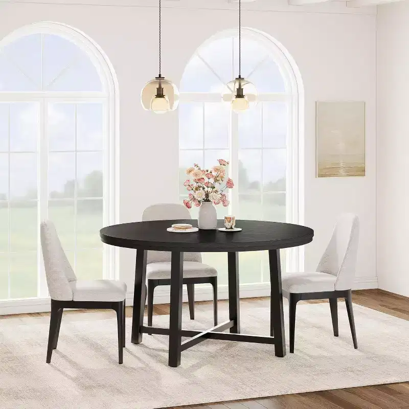 Circular Industrial Dining Table 47, Wood Top with Metal Base Kitchen Table, Seats 4-6, Round Dinner Table for Kitchens & Dining Rooms