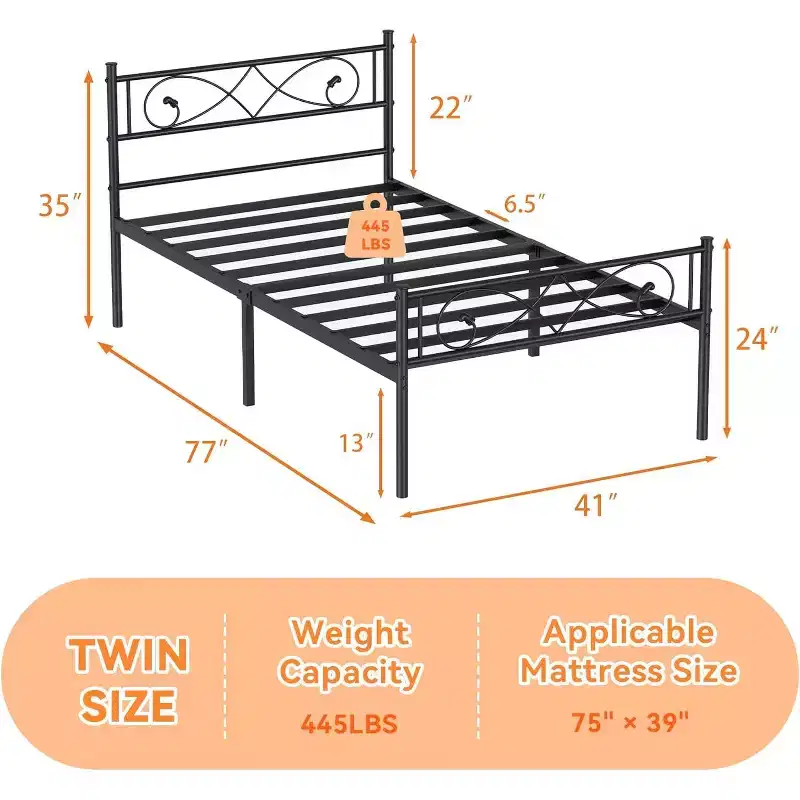 Twin Metal Platform Bed Frame with Artistic Fist Headboard & Footboard, Black Steel Bed Frame with Underbed Storage, No Box Spring Required