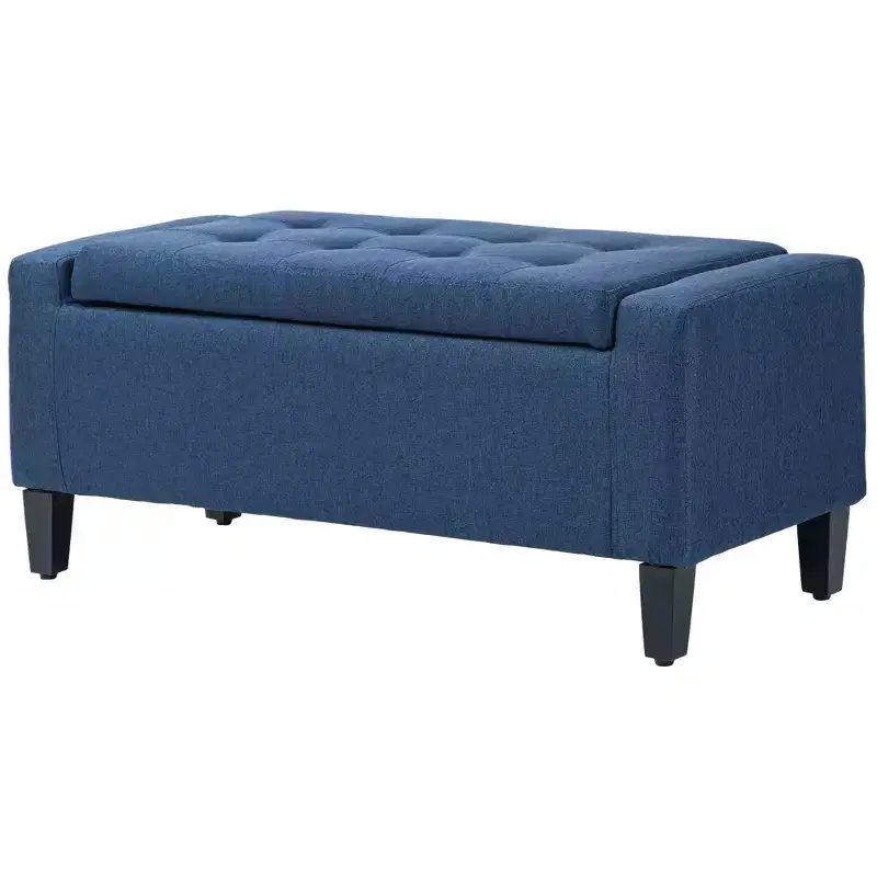 TUYOHW Storage Ottoman, Linen Upholstered Storage Bench with Lift Top and Button Tufted for Living Room, Dark Blue