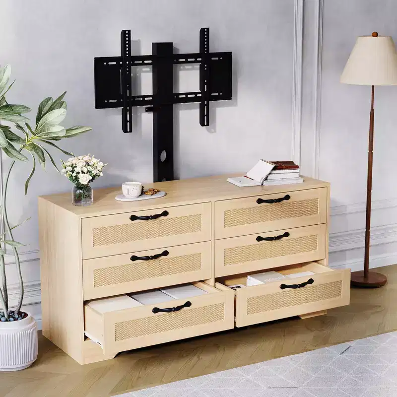 Wood & Rattan TV Stand with Mount 6-Drawer 47.2''W x 43.8''H x 15.7''D