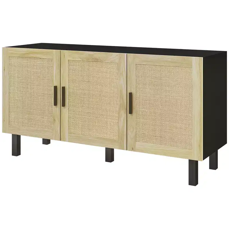 Boho Kitchen Cabinet, Buffet Cabinet with 3 Rattan Doors and Adjustable Shelves for Dining Room