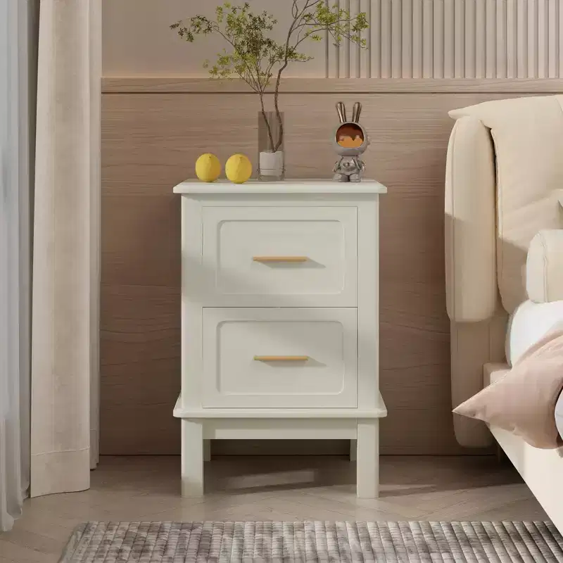 2-Drawer Nightstand with Gold Handles – White High-Gloss MDF, 23