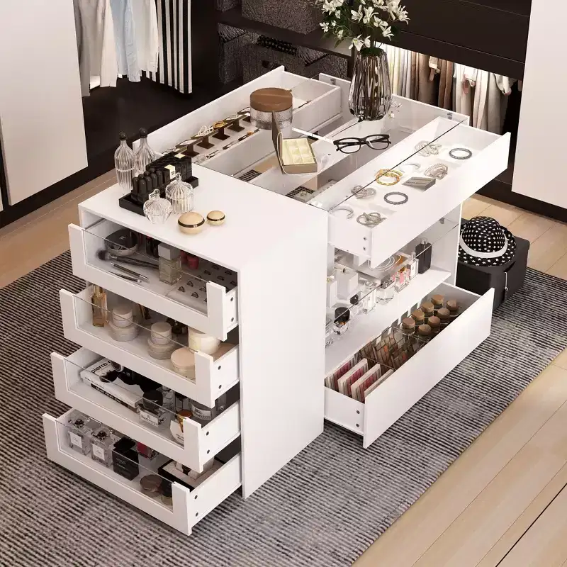 Glass-Top Closet Organizer White Dressing Island Ample Storage Dresser Display Storage Cabinet Closet Vanity Island Storage Beauty Organizer