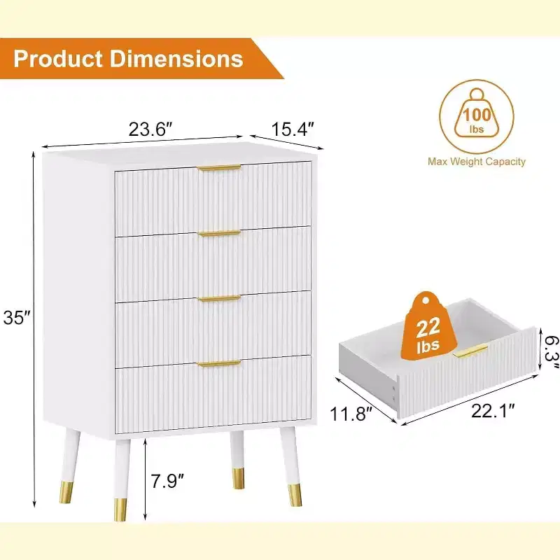 4-Drawer Fluted Dresser with Gold Handles & Metal Legs, Modern Bedroom Chest, Black/White