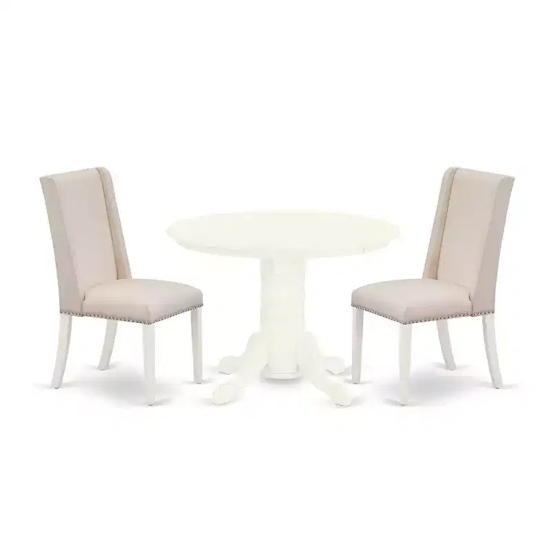 3-Pc Linen white Solid Wood Top - Round Upholstered Dining Room Set - Seats 4