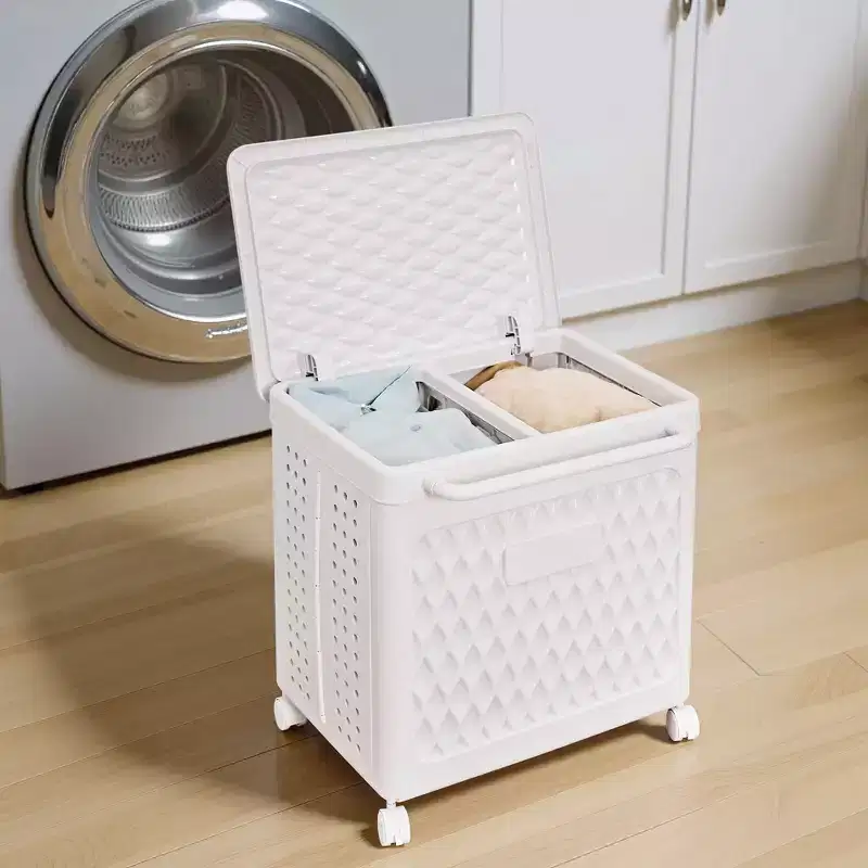 Rolling Laundry Hamper with Lid and Wheels – Plastic Basket with Handle for Laundry Room or Bathroom, White