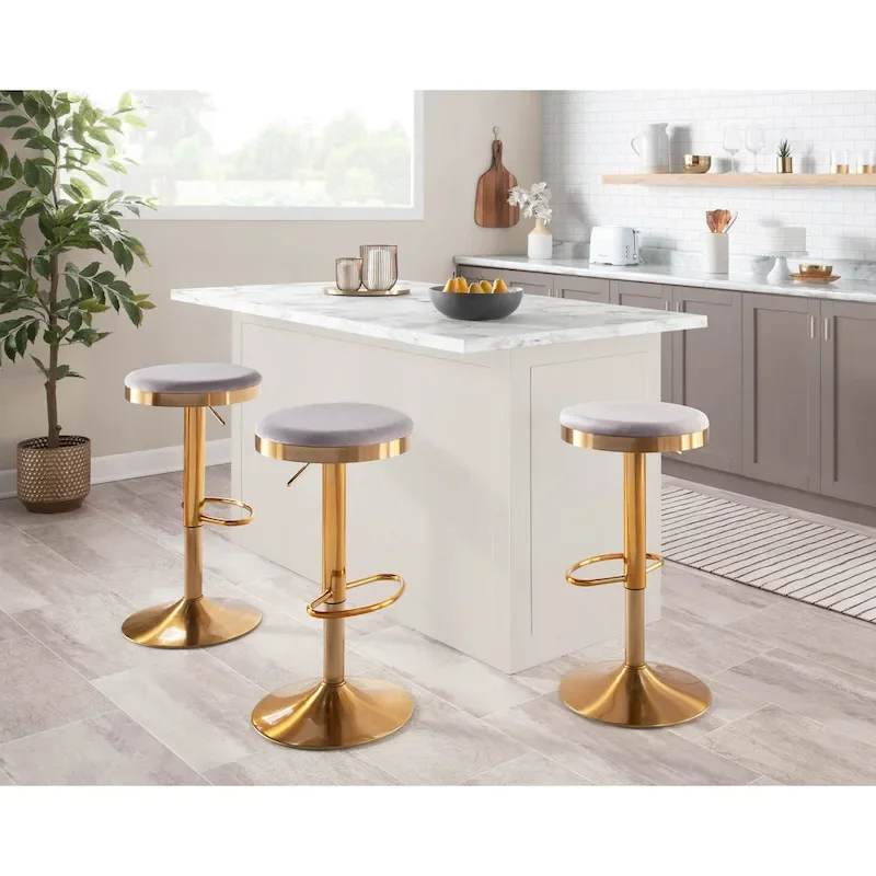 Lumisource Dakota Barstool in Gold Steel and White Leather - Set of 2 - 15Lx15Wx23-31.75H