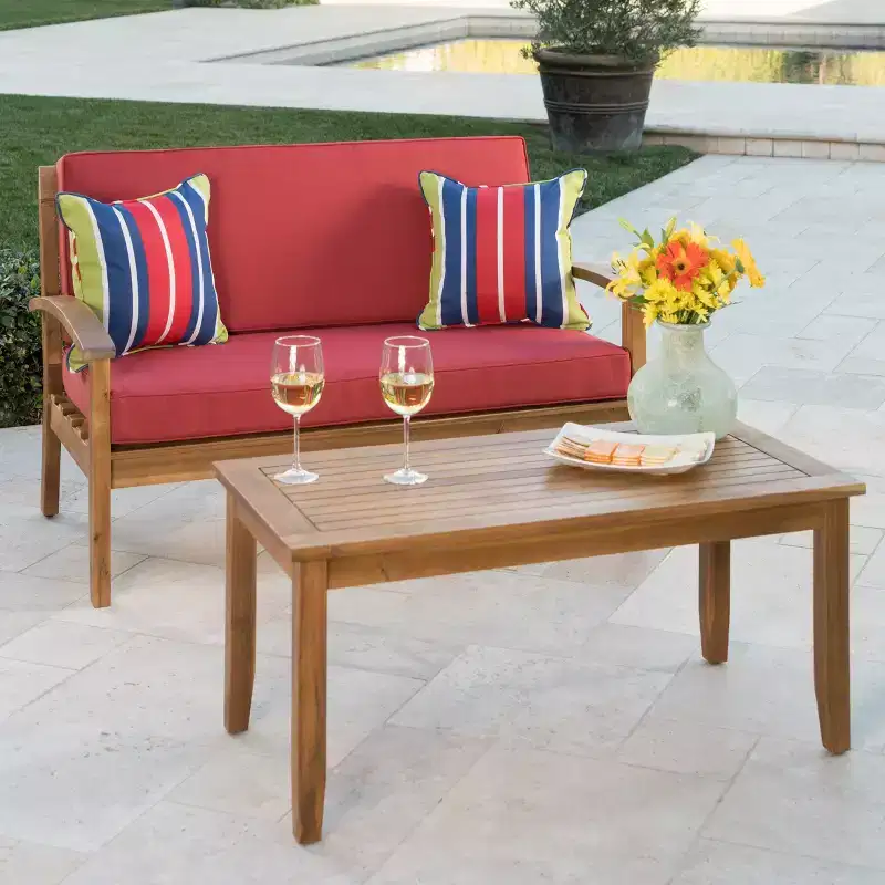 Peyton 2pc Acacia Wood Loveseat and Coffee Table Set - Teak/Red - Christopher Knight Home
