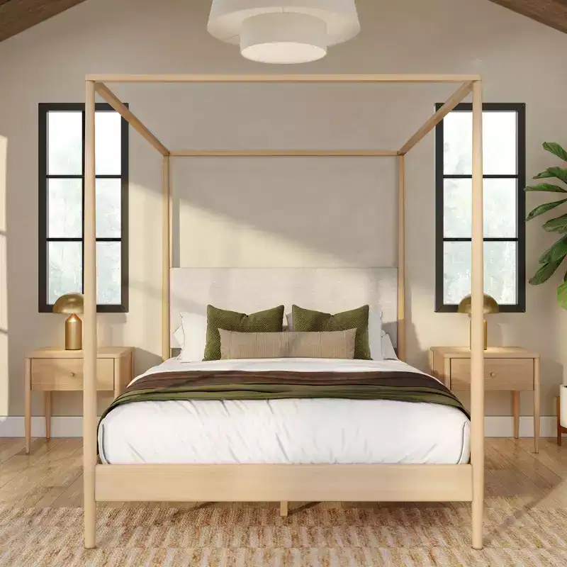 Harbor Queen Canopy Bed with Upholstered Headboard, Blonde/ Swiss Coffee (MD2411-01)