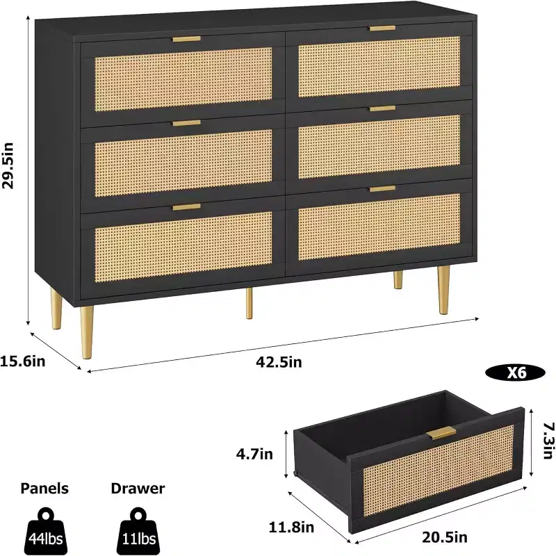 GustoWave Natural rattan bedroom six drawer dresser with gold legs and gold handles