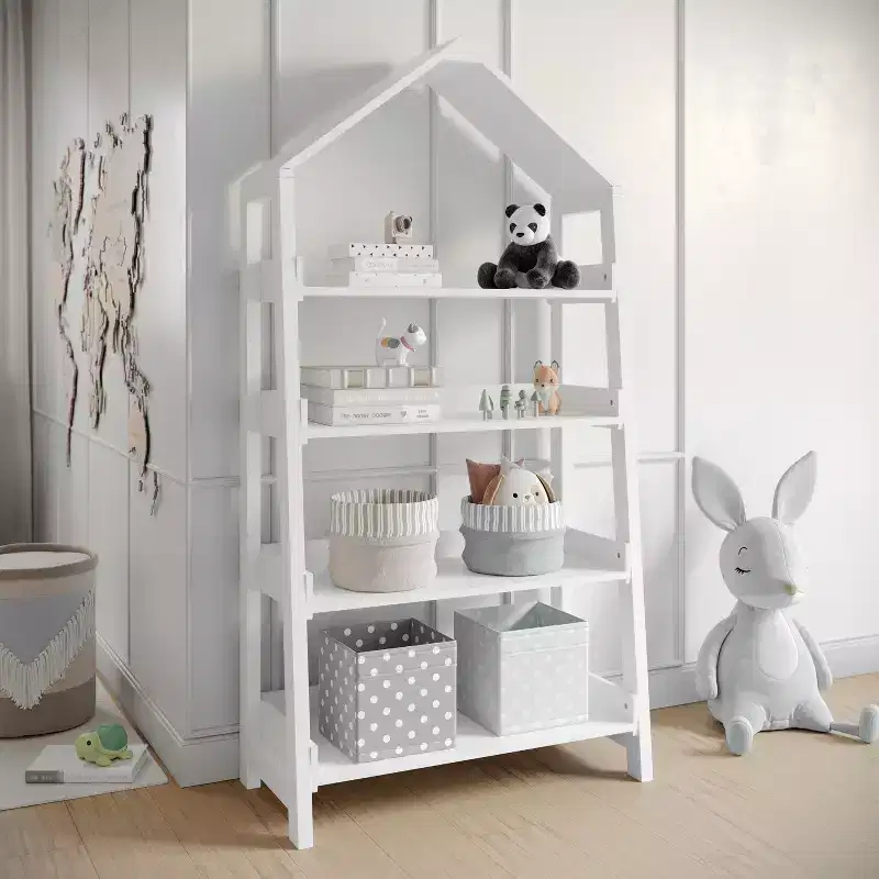 Wood Open Bookshelf with Covered Triangular Top, 4 Shelves and Squared Legs