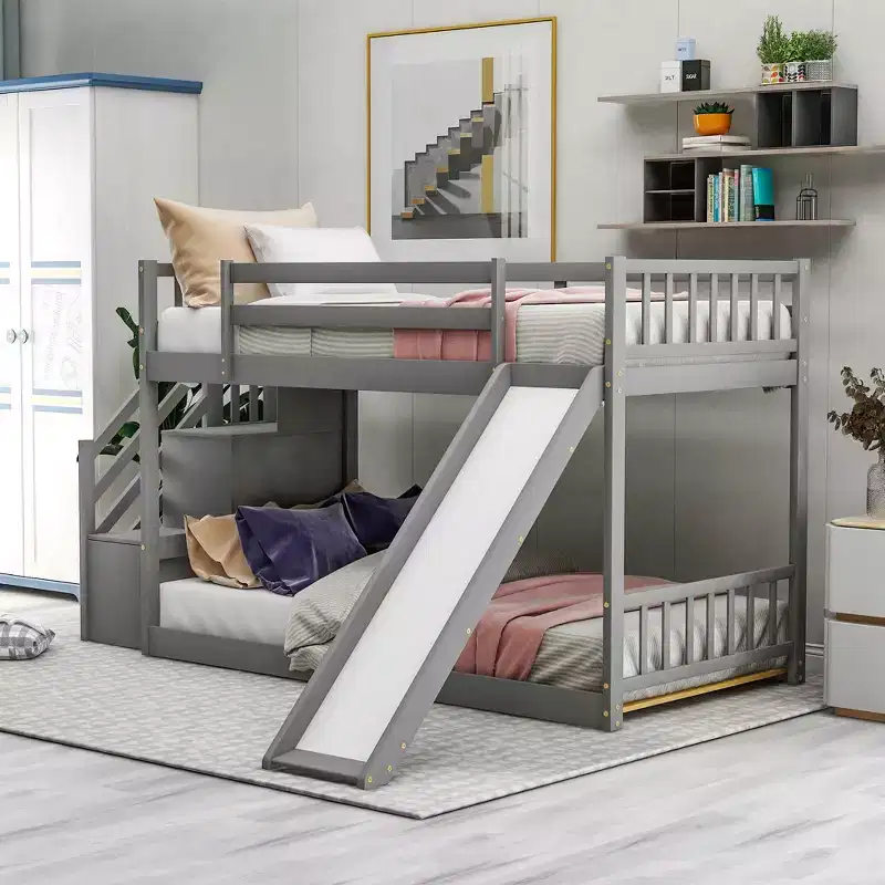 Solid Wood Twin over Twin Bunk Bed with Convertible Slide and Stairway, Low Bunk Bed with Storage Space