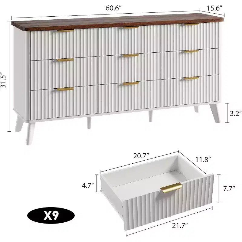 Acekool 9 Drawer Fluted Dresser 60 Wide, Modern Chest with Gold Handles, Curved Storage Organizer for Bedroom, Living Room, White